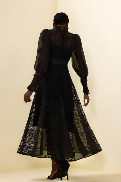3D Flower Lace Puff Sleeve Midi Dress Black
