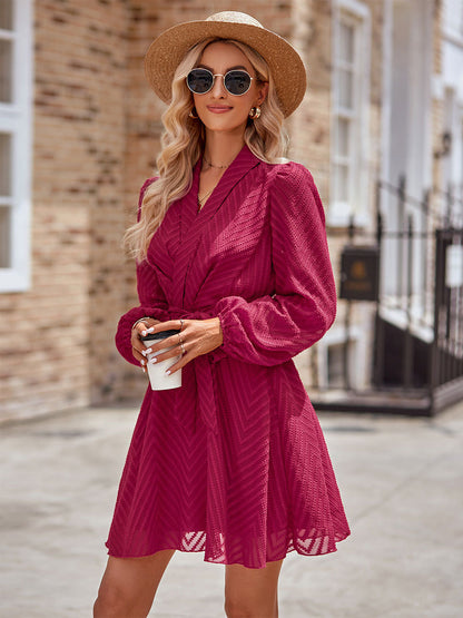 Skater Dresses V-Neck Long Sleeves Lace Up Chic Mini Dress