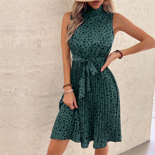 Halter Neck Leopard Pleated Mini Dress in Green