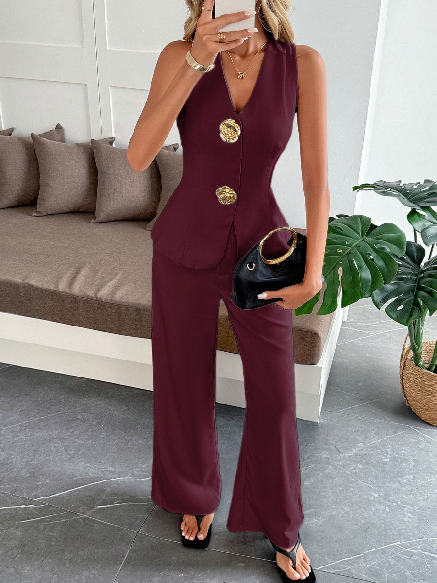 Straight-leg Trousers V-neck Top Elegant Suit 2-piece Sets