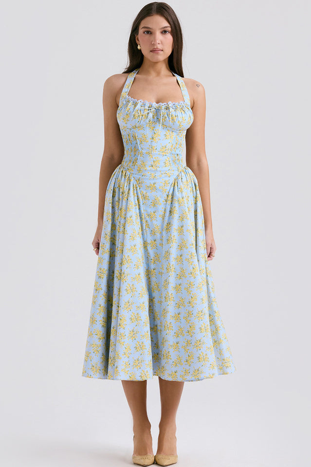 Halter Sweetheart Neck Lace Trim Ditsy Floral Corset Bodice Midi Dress