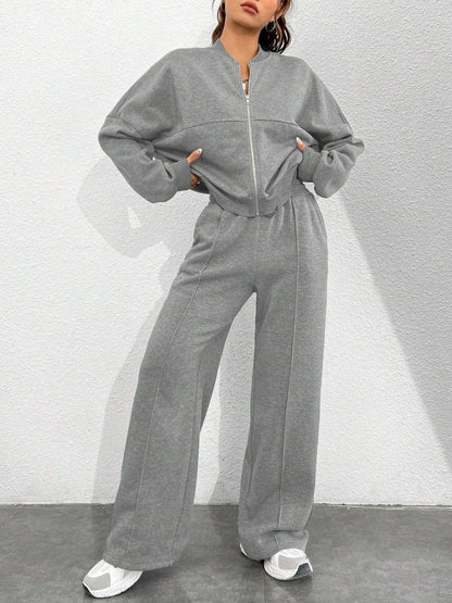 Sports And Leisure Solid Color Crew Neck Zipper 2-piece Sets