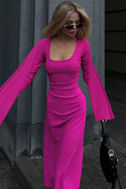 Ribbed Knit Scoop Neck Bell Sleeve Bodycon Maxi Dress