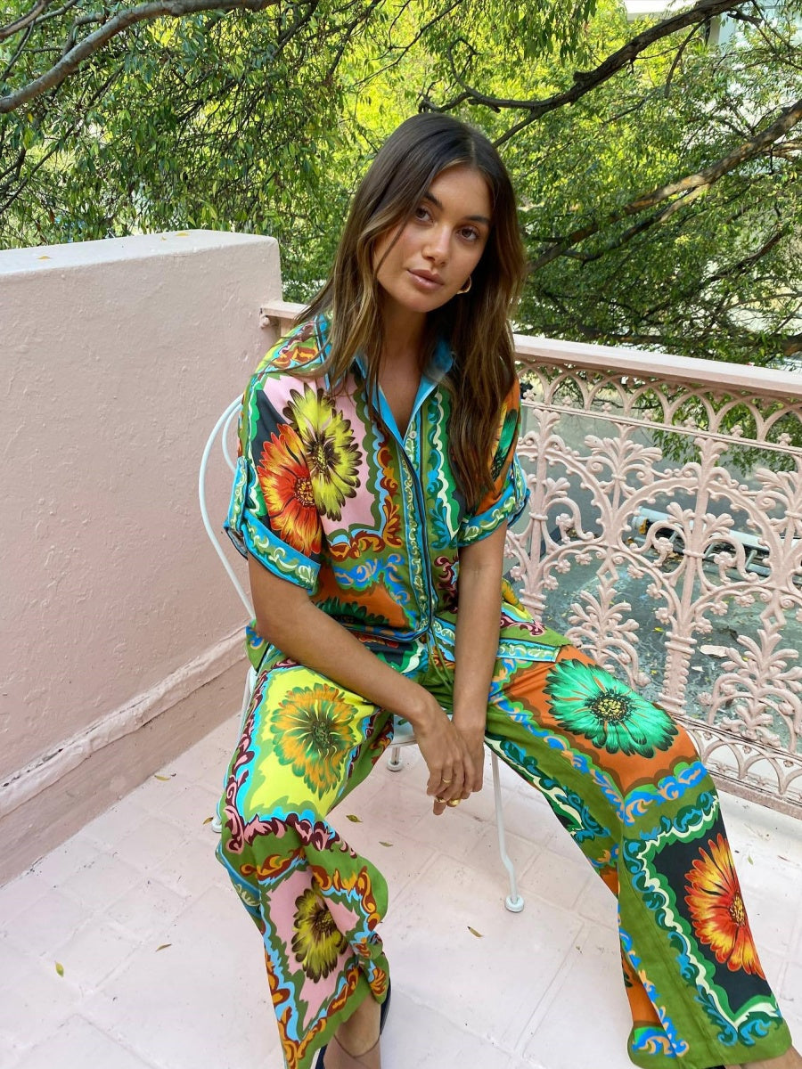 Printed Vacation Long-sleeved Shirt Pants Wide Leg Set 2-piece Sets