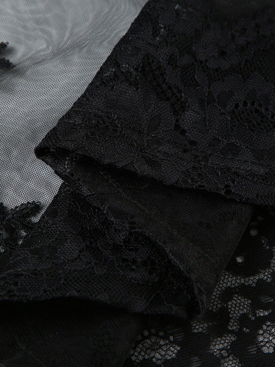 Sheer And Sexy Patchwork Mesh Lace Trim Suspender Long Dress