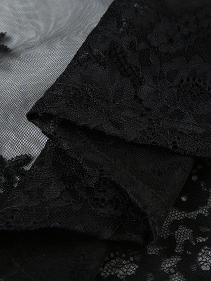 Sheer And Sexy Patchwork Mesh Lace Trim Suspender Long Dress