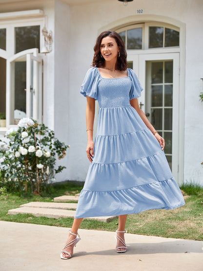 Square Neck, Backless, Puff Sleeve, Pleated Short-sleeved Long Dress