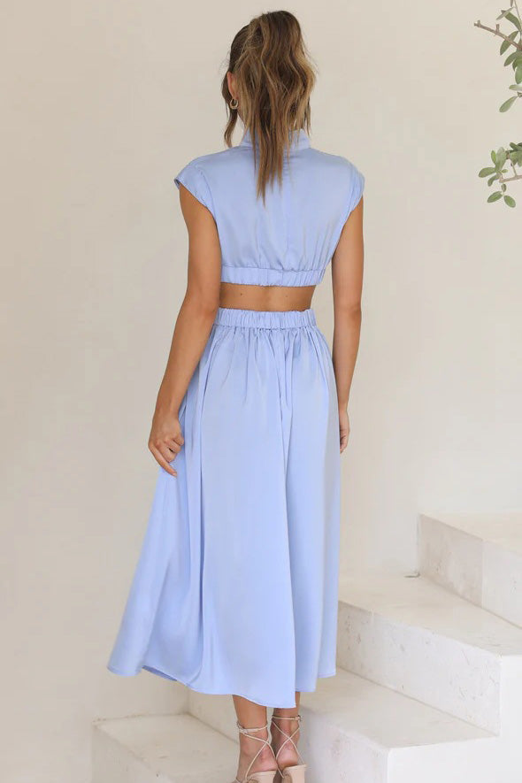 Mock Neck Ruched Bodice Waist Cut Out Flowy Midi Dress