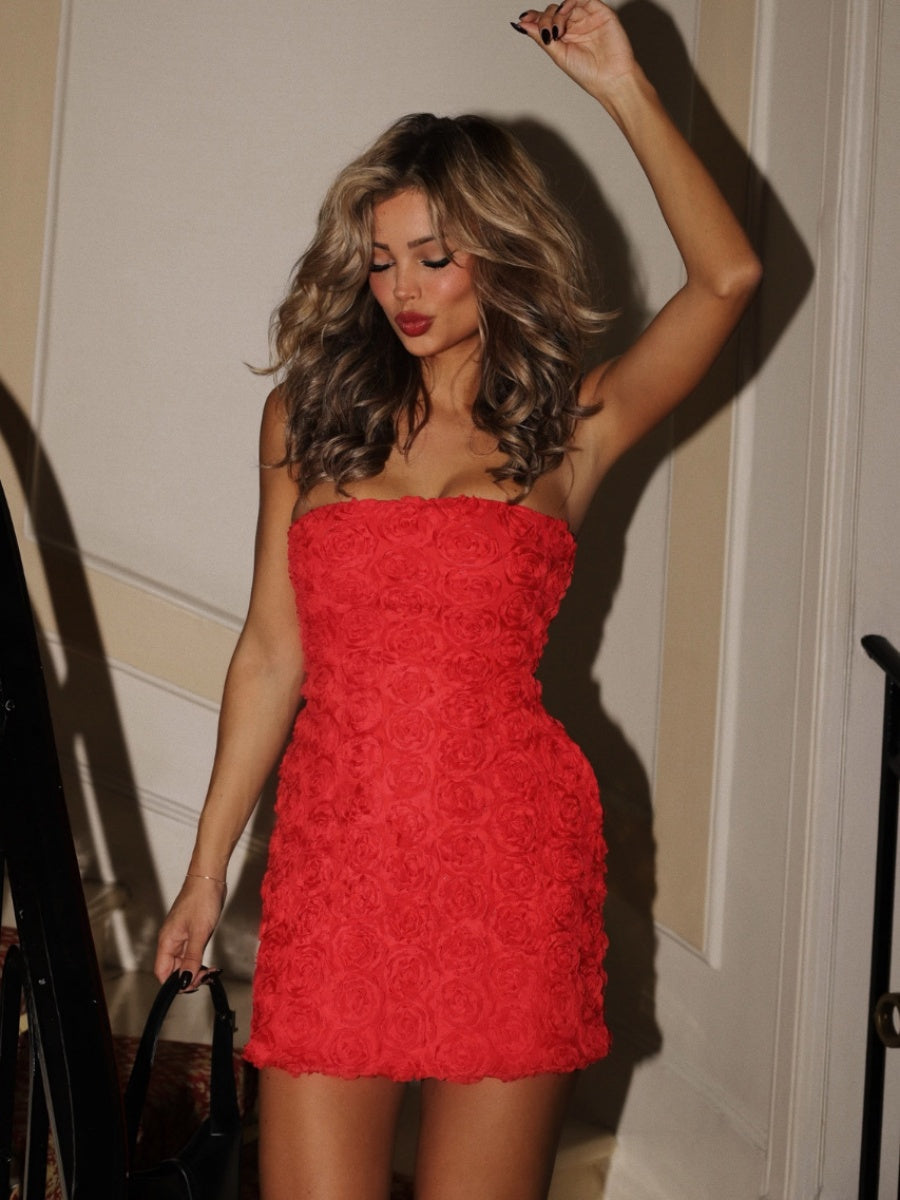 Versatile 3D Floral Strapless Bodycon Mini Dress