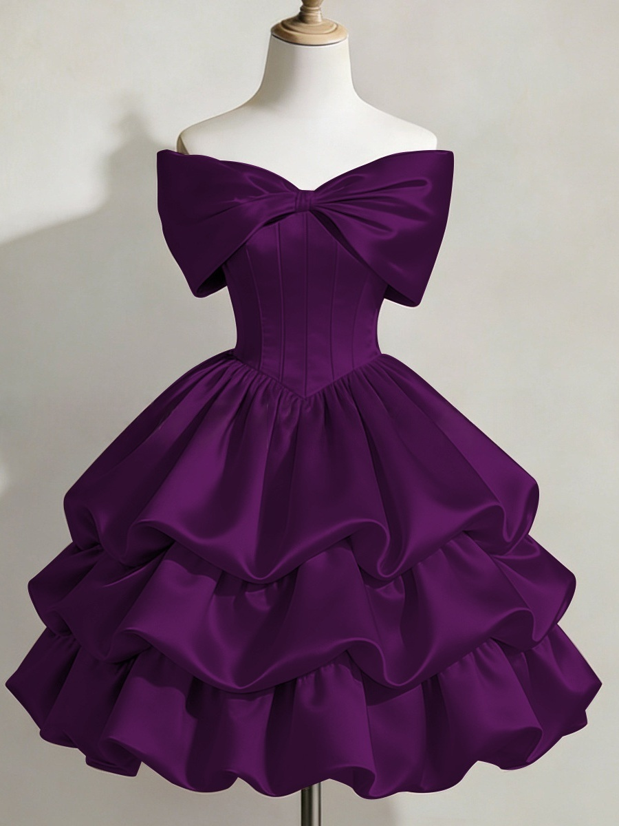 Satin Off-shoulder Bow Design Multi-layered Short Dress