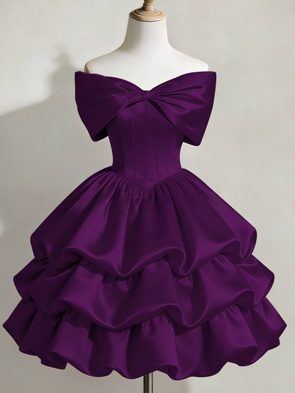Satin Off-shoulder Bow Design Multi-layered Short Dress