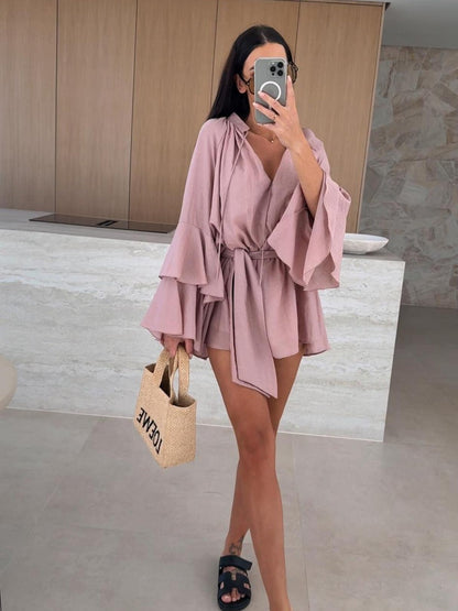 V-neck, Irregular Tie-waist, Long-sleeved, Loose-fitting Short Dress