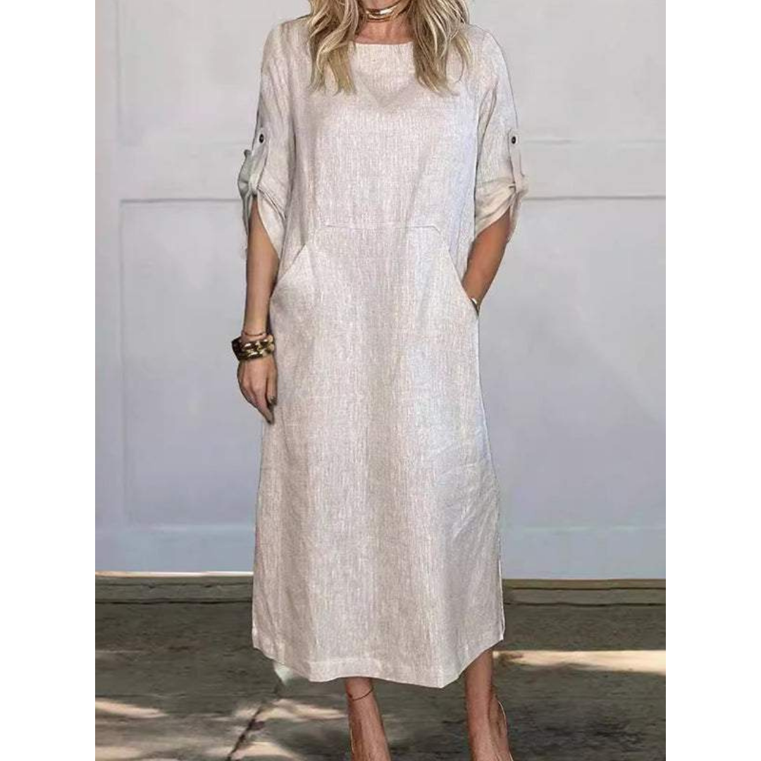 Linen Blend Roll Tab Sleeve Patch Pocket Relaxed Midi Dress