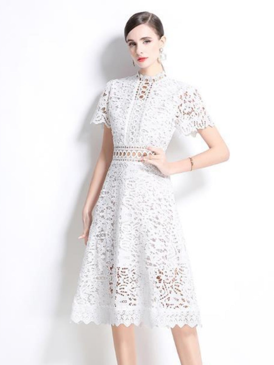 Lace Waist-cinching Hollow-out Midi Dress
