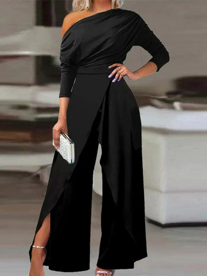 Sloping Shoulders Asymmetrical High Waist Slit Jumpsuits