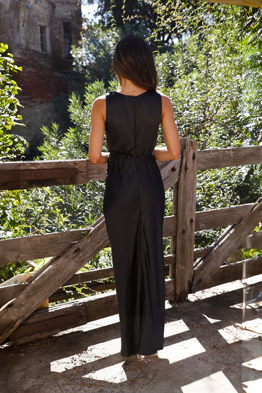 Satin Deep V-Neck Sleeveless Open-Back Cinched Waist Column Maxi Dress