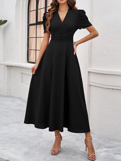 Pleated Waist Short Sleeve Maxi Dresses