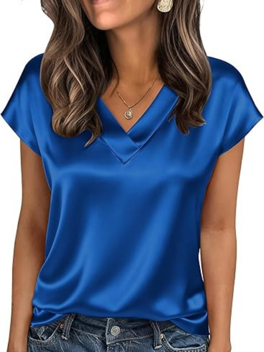 V-neck Satin Leisure Solid Color T-shirts