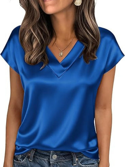 V-neck Satin Leisure Solid Color T-shirts