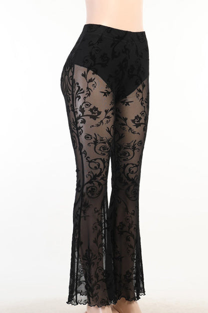 Margovil Elastic Waist Bell Bottomed Mesh Lace Pants