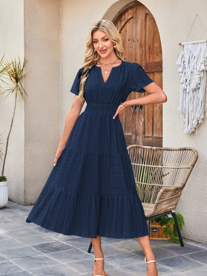 V-neck, Gathered, Puff Sleeve, Full Skirt, Short-sleeved Long Dress