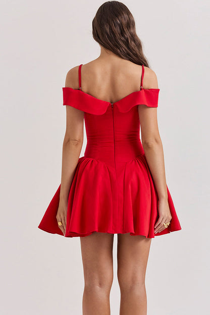 Off Shoulder Fold Over Collar Spaghetti Strap Pleated Fit and Flare Mini Dress