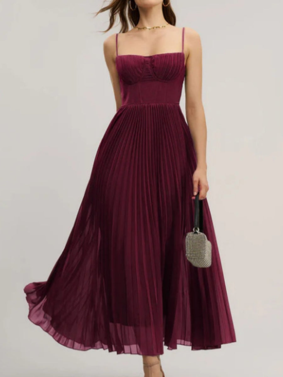 Sleeveless Deep V Slim Fit Pleated Camisoles Maxi Dresses