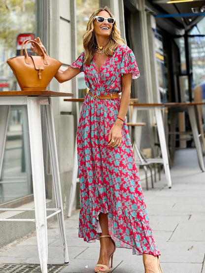 Floral Wrap V Neck Maxi Dress for Women - Boho Flutter Sleeve Ruffle Hem Long Dress - Summer Beach Vacation 2026