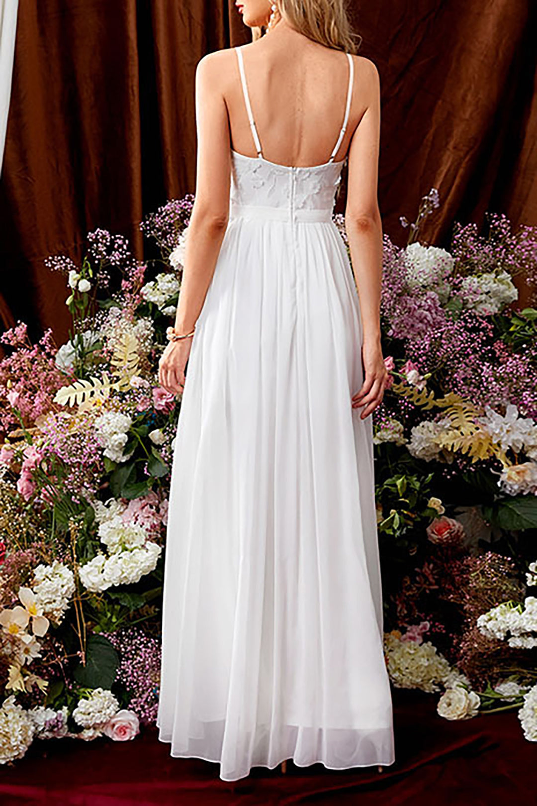 Spaghetti Strap Deep V Lace Floral Applique Chiffon Side Slit Maxi Gown