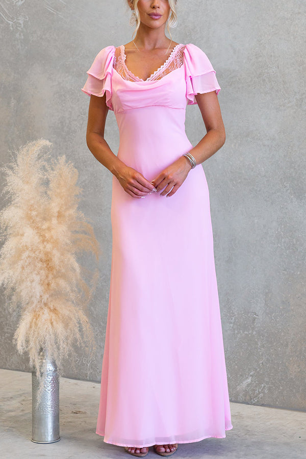 Midnight Charm Lace Detail Cowl Neck Bell Tiered Short Sleeve Maxi Dress