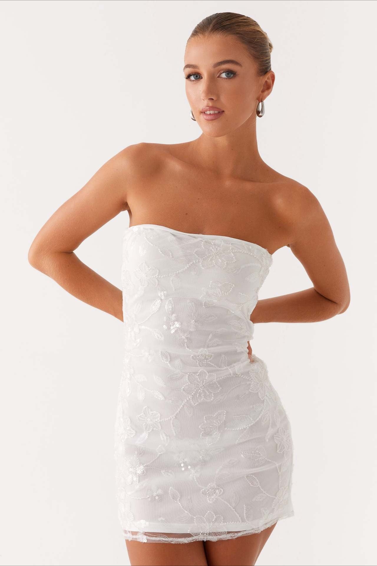 Strapless Floral Embroidered Sequin Mesh Ruched Bodycon Mini Dress