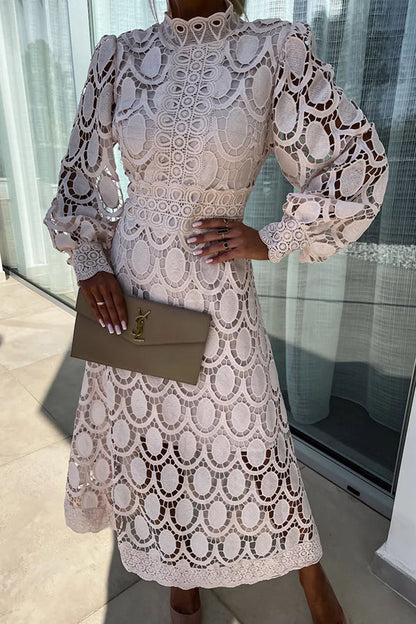 Guipure Lace Mock Neck Bishop Sleeve Inset Waist Midi Dress