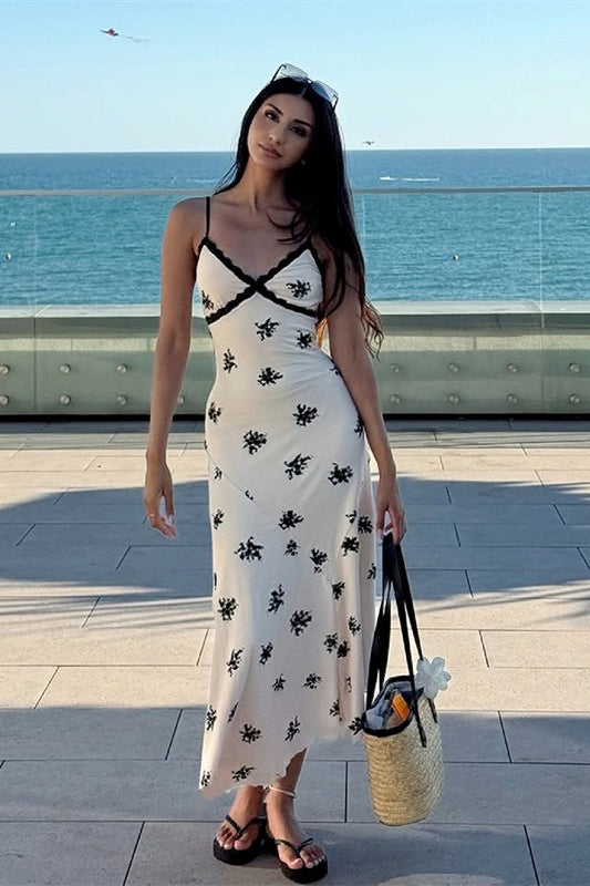 Floral Print Lace Trim Deep V-Neck Spaghetti Strap Empire Waist Slip Maxi Dress