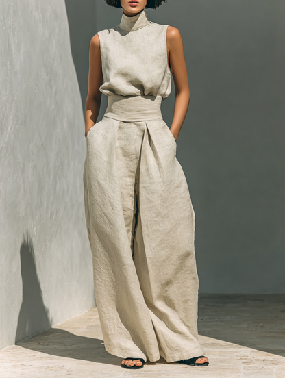 Women’s Linen Two Piece Set - Turtleneck Top Wide Leg Pants