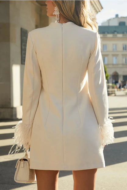 Mock Neck Long Sleeve Feather Cuff Shift Mini Cocktail Dress