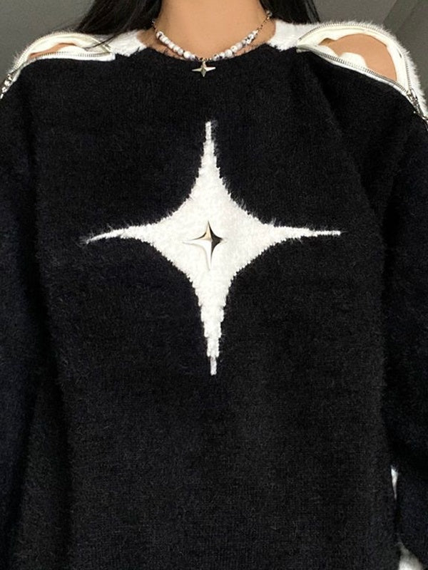 Star Decor Zipper Cutout Loose Sweater