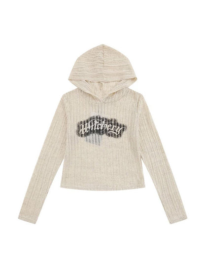 Letter Print Hooded Thin Long Sleeve Knit