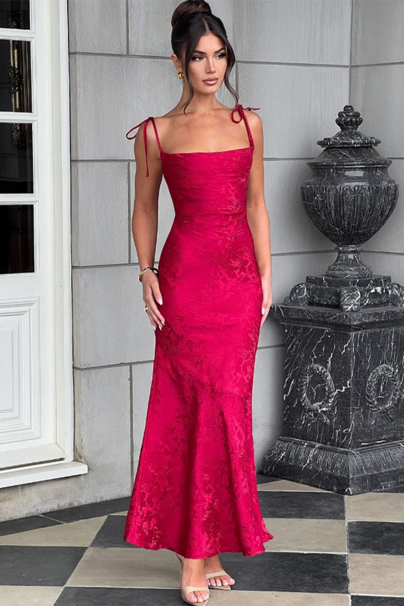 Tie-Shoulder Jacquard Floral Mermaid Maxi Formal Gown