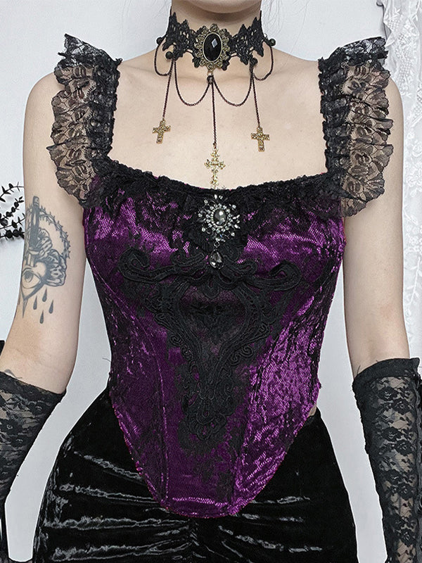 Vintage Lace Velvet Splice Irregular Hem Corset Top