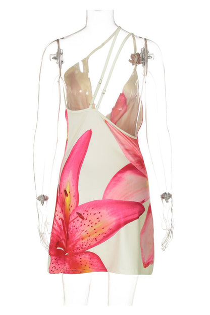 One Shoulder Teardrop Cutout Abstract Print Draped Mini Dress