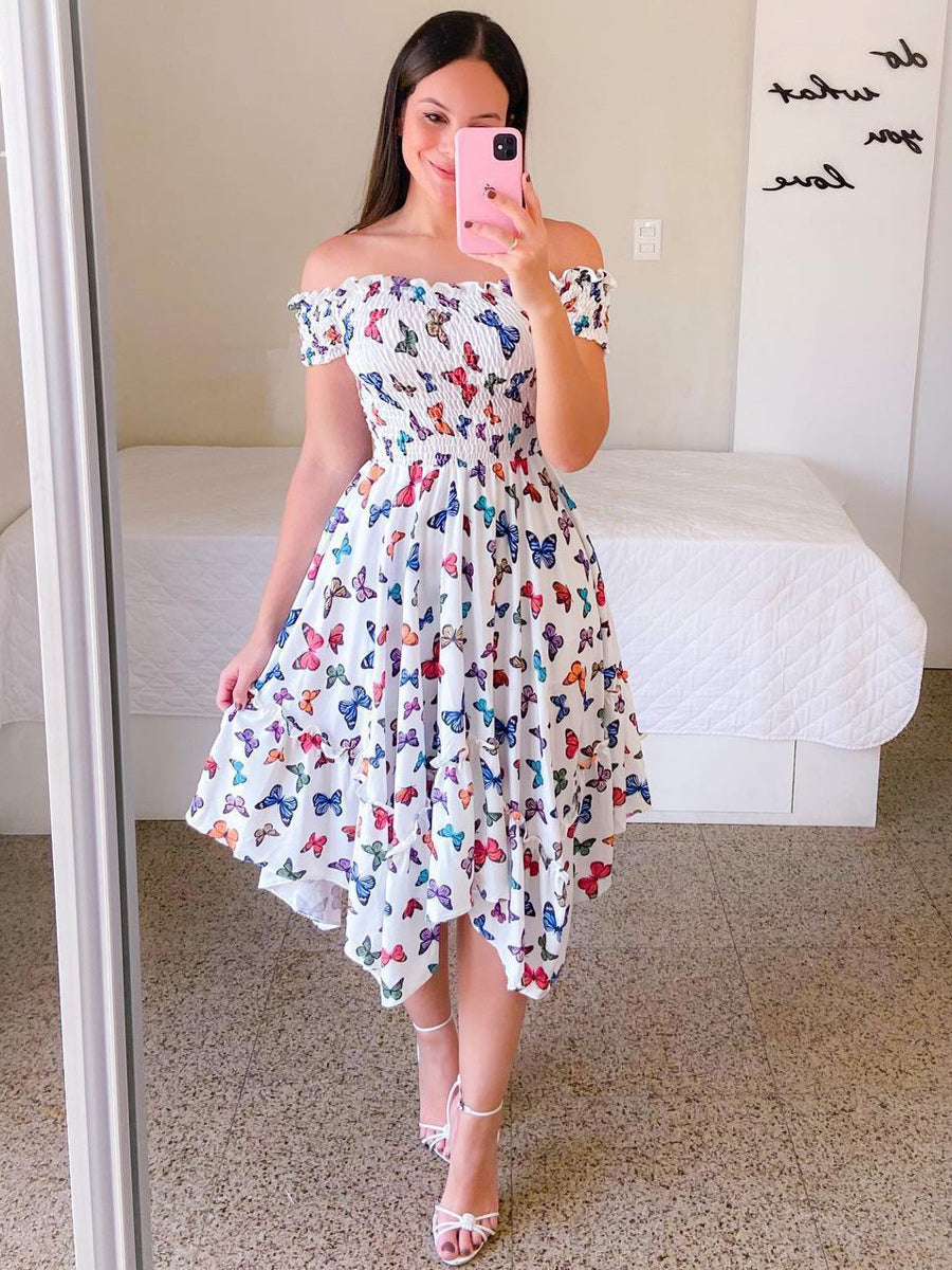 Handkerchief Dress Smocked Floral Off The Shouder Summer Midi Dresses