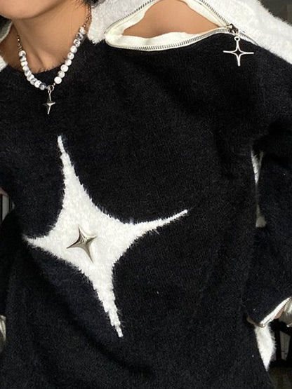 Star Decor Zipper Cutout Loose Sweater