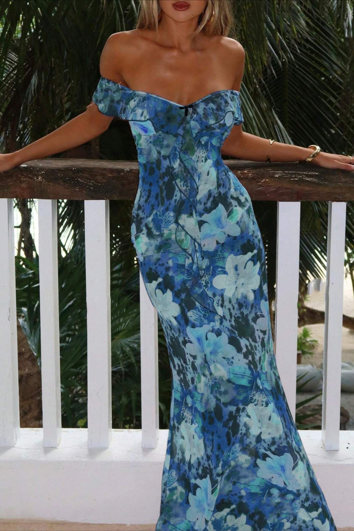 | Strapless Ruffled Print Bodycon Maxi Dress