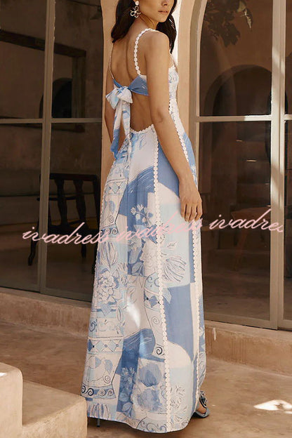 Terazza Ric Rac Trims Unique Print Back Tie-up Slip Flared Maxi Dress