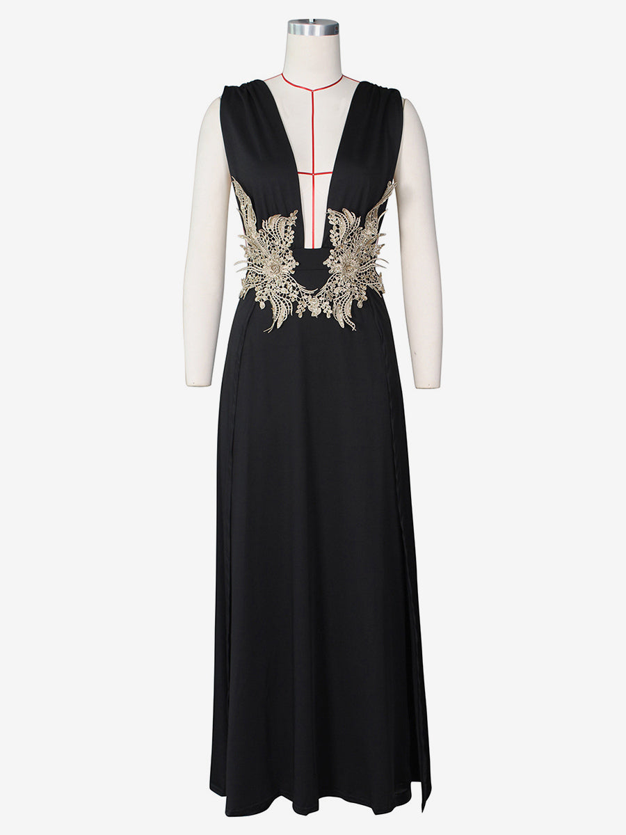 Prom Dresses V-Neck Embroidered High-slit Semi Formal Long Dress
