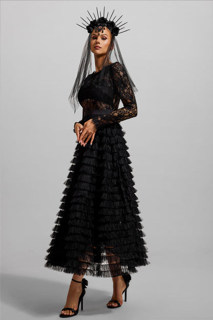 Lace Tiered Long Sleeve Midi Dress