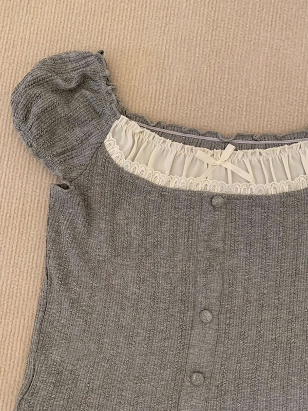 Lace edge contrast stitching Short Sleeves SKnits