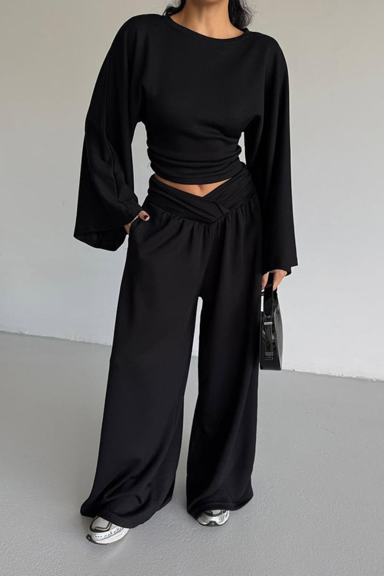 Casual Cinched Waist Flared Sleeve Top Palazzo Pants Set