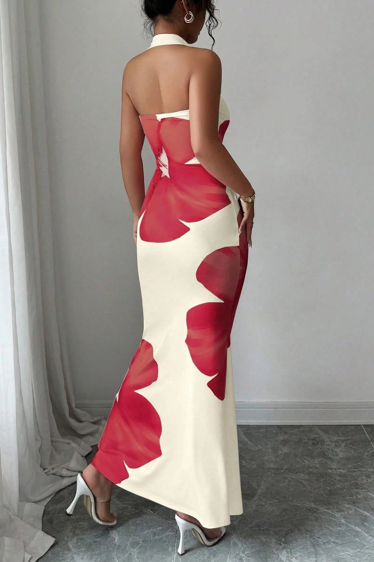 Halter Cutout Bust Large Floral Print Mermaid Maxi Gown