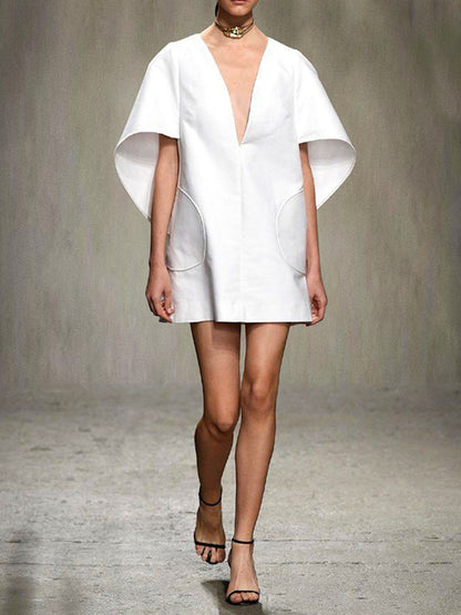 Half Sleeves Loose Solid Color Deep V-Neck Mini Dresses